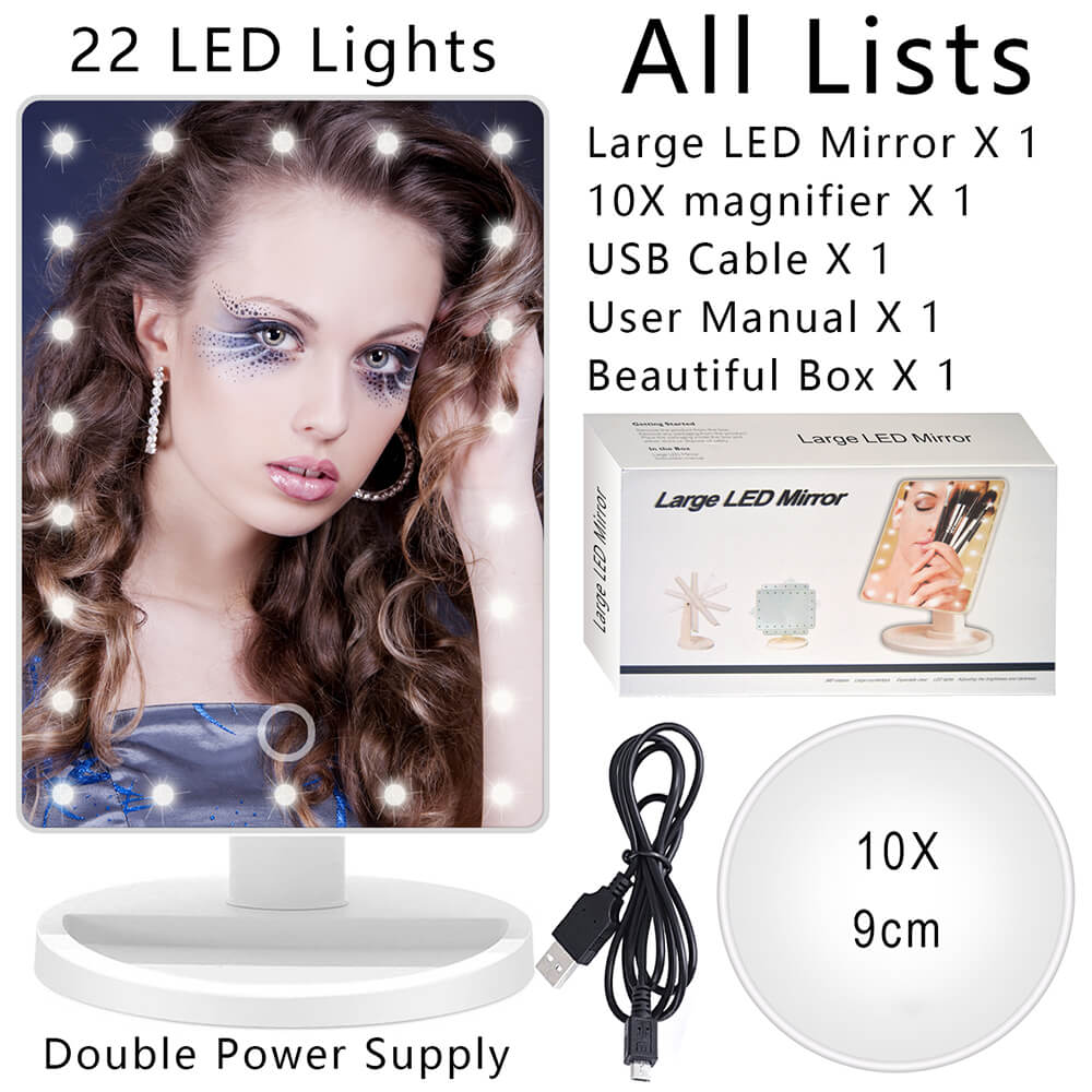 Large LED Makeup Mirror with Adjustable Lights & 360° Rotation white